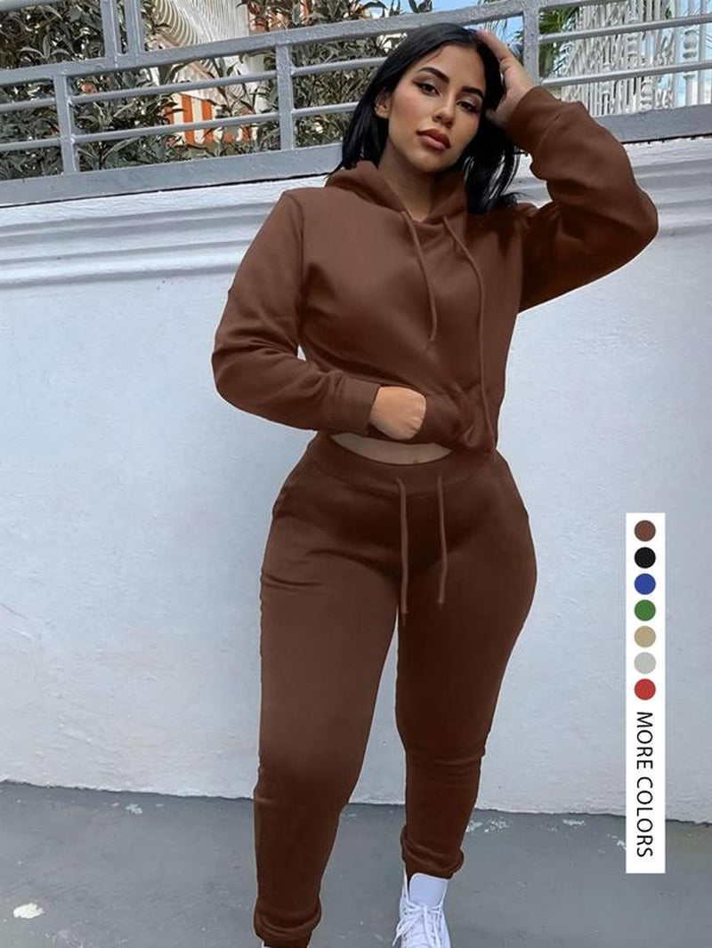 Women'S Solid Kangaroo Pocket Hoodie & Sweatpants Set, Casual Chic Long Sleeve Hooded Sweatshirt & Skinny Jogger Pants, Women'S Fall & Winter Clothes for Daily Wear