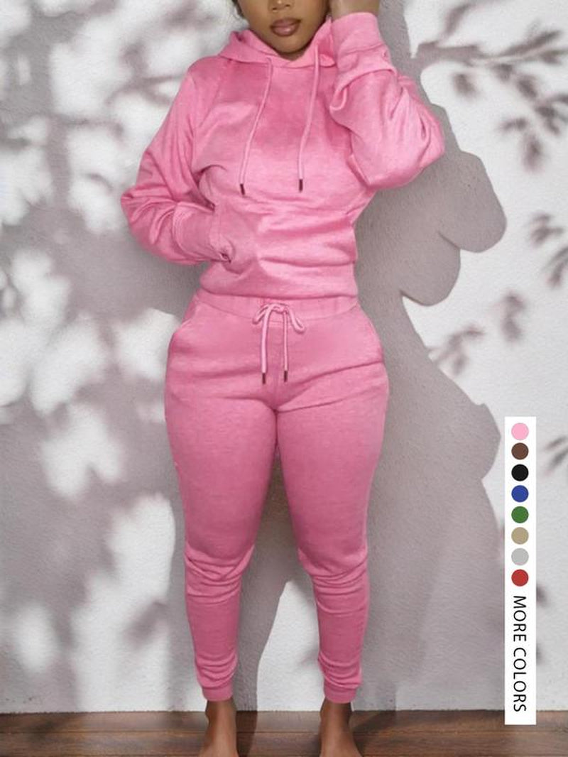 Women'S Solid Kangaroo Pocket Hoodie & Sweatpants Set, Casual Chic Long Sleeve Hooded Sweatshirt & Skinny Jogger Pants, Women'S Fall & Winter Clothes for Daily Wear