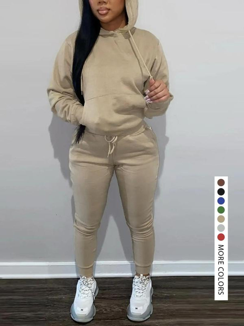 Women'S Solid Kangaroo Pocket Hoodie & Sweatpants Set, Casual Chic Long Sleeve Hooded Sweatshirt & Skinny Jogger Pants, Women'S Fall & Winter Clothes for Daily Wear